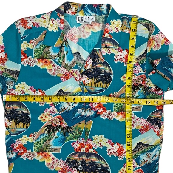 Erena Hawaiian Aloha Vintage Shirt Women Tropical Button up Teal Petite Medium - Picture 8 of 16